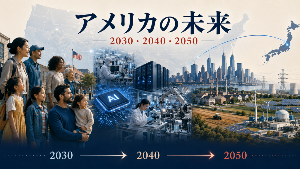 アメリカの未来を人口・AI・半導体・製造業・都市・農業・エネルギーと2030・2040・2050年の時間軸で表現したNEWS DAILYの解説画像