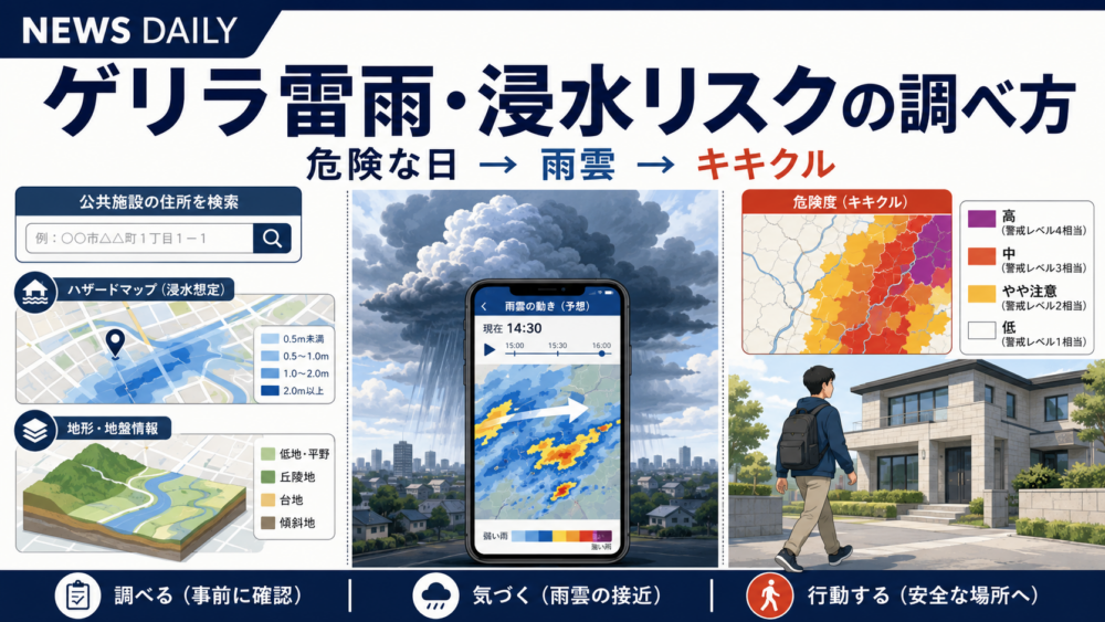 住所検索による浸水リスク確認、雨雲ナウキャスト、キキクルによる危険度確認の流れを表すNEWS DAILYの記事アイキャッチ