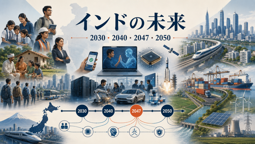 インドの未来を人口、雇用、AI、製造業、都市化、エネルギー、日本との関係から考えるイメージ