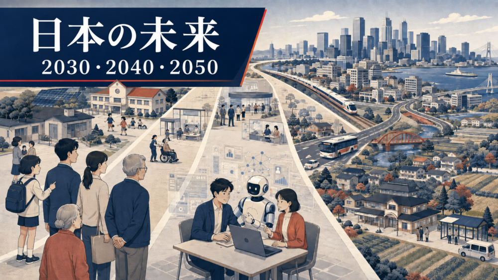 日本の未来を人口・AI・仕事・地方・エネルギーと2030年・2040年・2050年の時間軸で表現した図