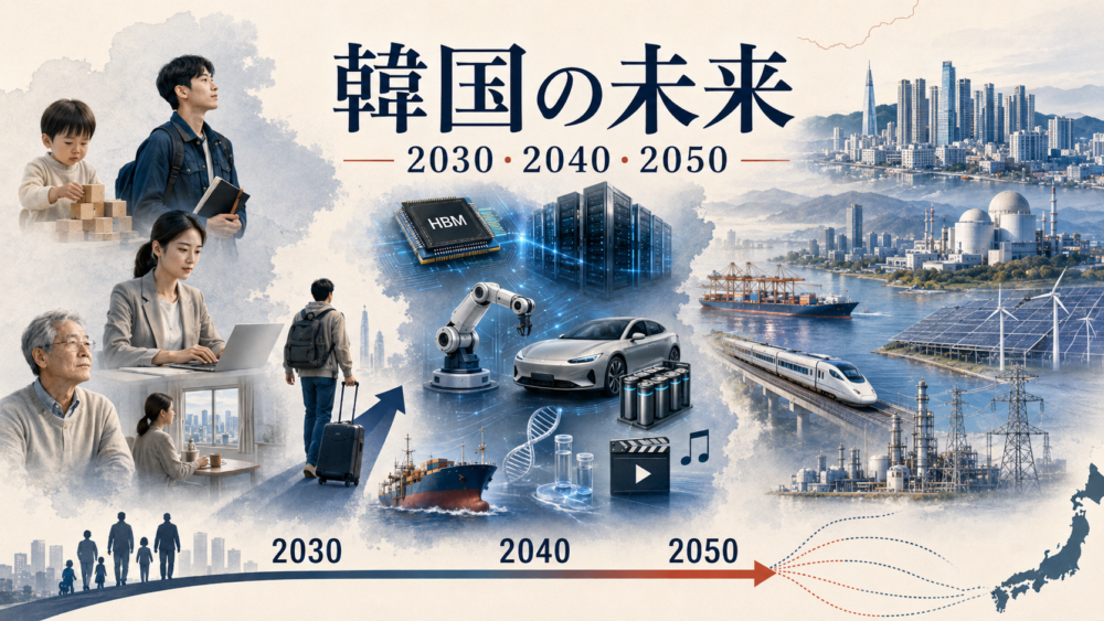 韓国の未来を少子高齢化、半導体・AI、住宅、地方、エネルギー、北朝鮮、日本との関係から考えるイメージ