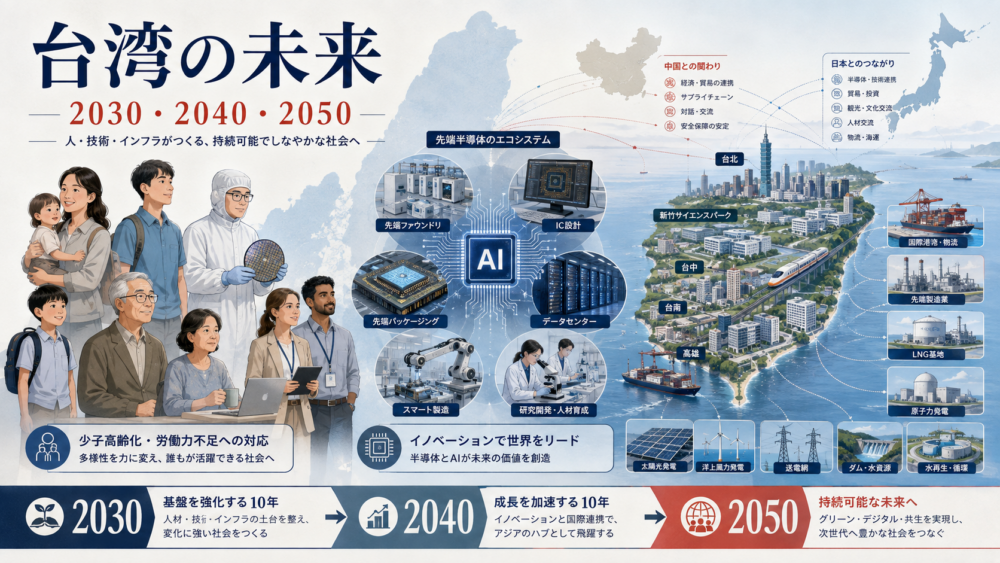 台湾の未来を人口減少、半導体・AI、電力・水資源、中国との関係、日本への影響から考えるイメージ