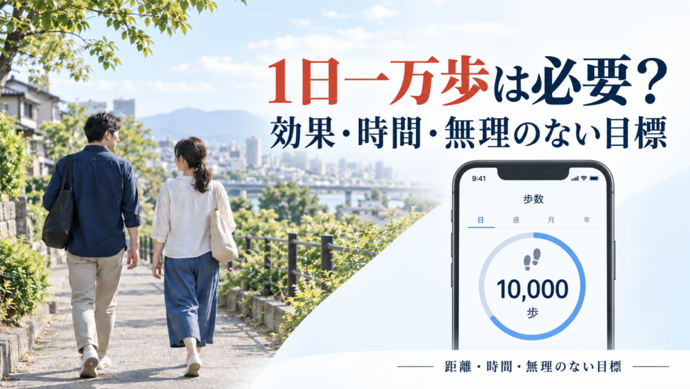 日常の散歩と歩数表示を背景に「1日一万歩は必要?」と示す記事アイキャッチ