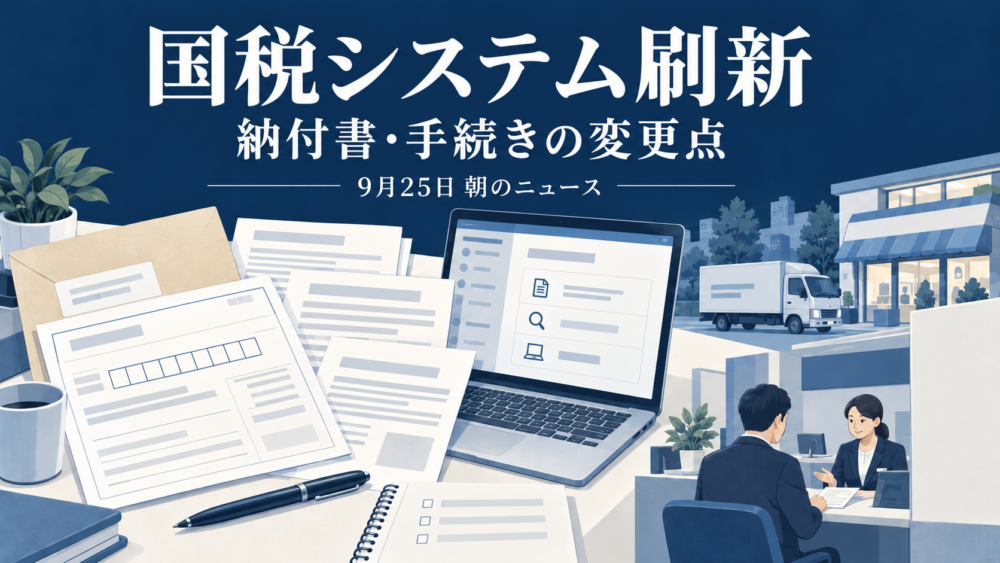新しい納付書と税務手続きの資料を中心に、サービス産業と被災者向け金融相談を配置したイメージ