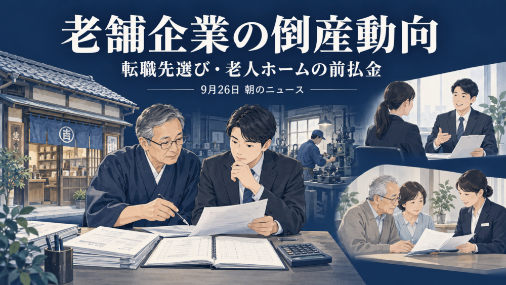 帳簿と老舗の店舗、採用面談、老人ホームの入居契約資料を配置した朝のニュースのイメージ