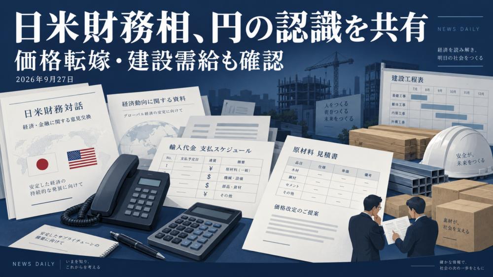 日米の金融協議を表す政策資料と電話機、価格交渉の見積書、建設資材と工程表を配置したニュースのイメージ