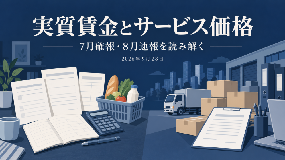 給与明細と家計簿、配送用の箱とリース契約書を配置した、賃金と企業向けサービス価格の解説イメージ