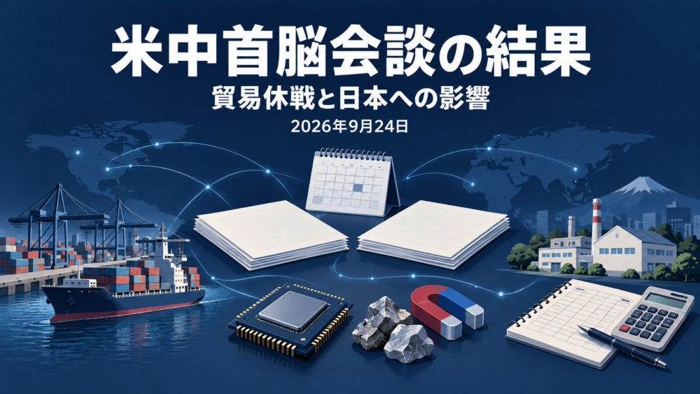 ③ アイキャッチ設計 仕様：1200×675px、16:9 - メイン文字：米中首脳会談の結果 - サブ文字：貿易休戦と日本への影響 - 小さな表示：2026年9月24日 構図 背景は深いネイビー。中央に、米中の協議を表す2組の無地の資料と卓上カレンダーを置きます。左手前に小さなコンテナと貨物船、中央手前に半導体の模式的なチップと磁石、右側に日本の工場と家計簿を配置します。 貿易・技術から日本の企業や暮らしへのつながりを、細い青灰色の線で控えめに示します。上部約3割は文字用の余白とし、メイン文字をオフホワイトで大きく配置します。書類に署名や承認印は入れません。 画像生成用プロンプト 日本のニュース解説サイト「NEWS DAILY」向けの落ち着いた報道イラスト。横長16:9、1200×675px。背景は深いネイビー、資料や文字はオフホワイト、小物と補助線は青灰色。中央に米中の外交・経済協議を象徴する2組の無地の資料と小さな卓上カレンダー。左手前に港のコンテナと小さな貨物船、中央手前に模式的な半導体チップと磁石、右側に日本の小さな工場と家計簿。細い線で貿易・技術・日本経済への関係を控えめに表す。上部約30％を文字用の余白にする。メイン文字「米中首脳会談の結果」、サブ文字「貿易休戦と日本への影響」、小さく「2026年9月24日」。日本語は正確で読みやすく、文字量を絞る。写真風の首脳や架空の会談場面、署名式、握手、合意成立の印、国・企業の公式ロゴ、相場の急騰グラフ、大量の現金は描かない。読みやすく端正な編集イラスト。