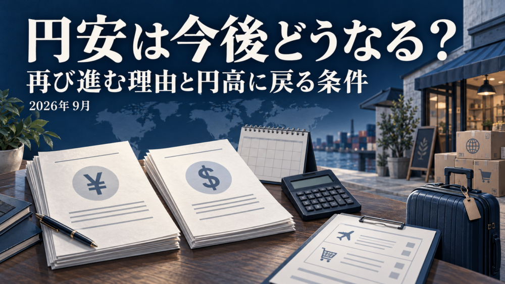 円とドルの政策資料、カレンダー、計算機、旅行かばんと輸入品の箱を配置した円安の見通しの解説イメージ