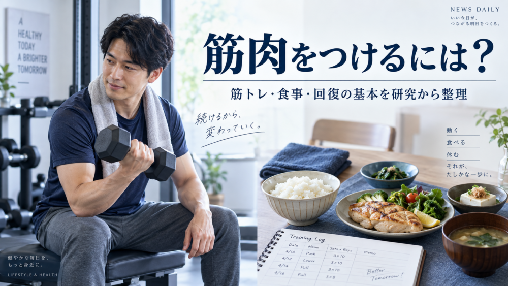 筋トレをする成人と、ご飯・主菜・野菜をそろえた食事、トレーニング記録を組み合わせた筋肉づくりのイメージ