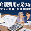 年金の通帳と介護費の請求書を前に、高齢の親と成人の子が相談員と支援制度を確認するイラスト。