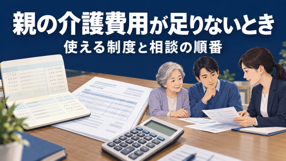 年金の通帳と介護費の請求書を前に、高齢の親と成人の子が相談員と支援制度を確認するイラスト。