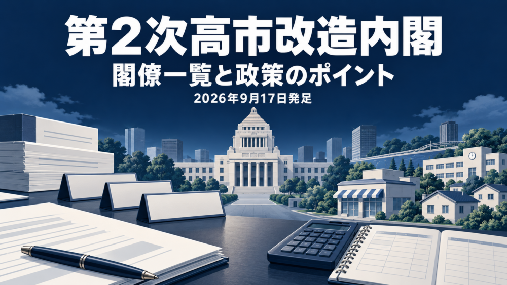 第2次高市改造内閣の閣僚人事と政策を、国会議事堂を想起させる建物、資料、家計・事業所で表したイラスト。