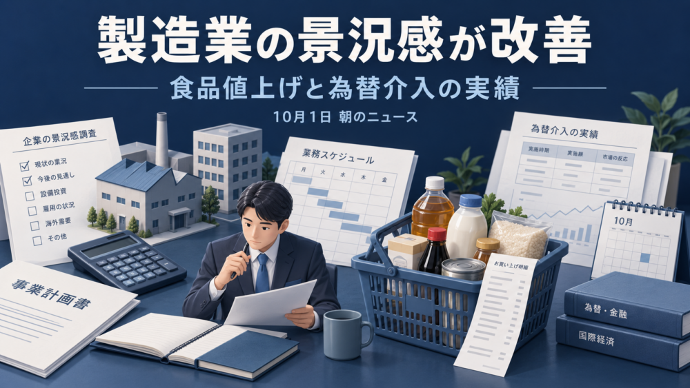日銀短観の資料と工場の模型、食品の買い物かご、為替介入の実績資料を配置したニュース解説イメージ