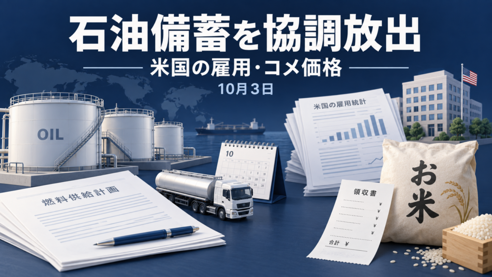 石油備蓄タンクと配送車、米国の雇用統計資料、米袋を配置したニュース解説イメージ