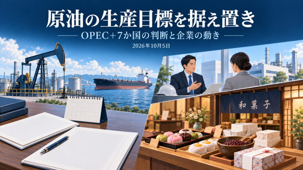 原油の生産計画と油井設備、人員配置の資料、和菓子店と原材料を配置したニュース解説イメージ