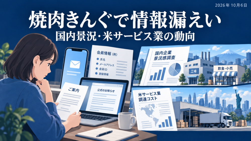 スマートフォンの会員情報、国内企業の景況調査資料、米国の物流と仕入れ費用の資料を別々に配置したニュース解説イメージ