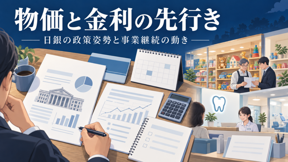 金融政策の資料と預金通帳、営業を続ける玩具店、地域の歯科医院を別々に配置したニュース解説イメージ