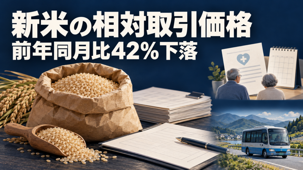 玄米の袋と取引資料を中心に、医療保険の資料と地域の送迎バスを添えた3つのニュースの説明用イラスト