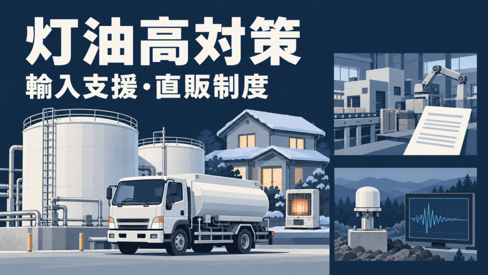 灯油タンクと配送車を中心に、機械の受注資料と地震観測システムを小さく配した説明用イラスト