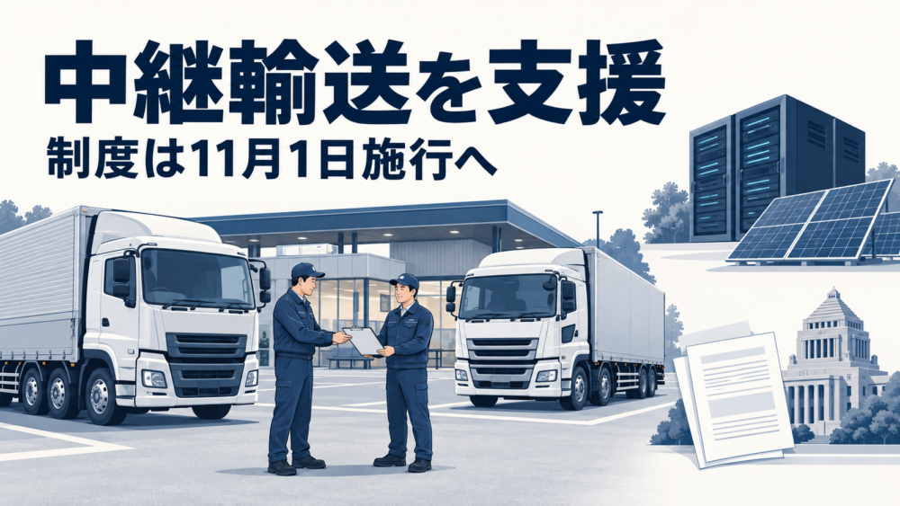 中継拠点に停車した2台のトラックと運転者を中心に、AI・太陽光技術と金融政策の資料を小さく配した説明用イラスト