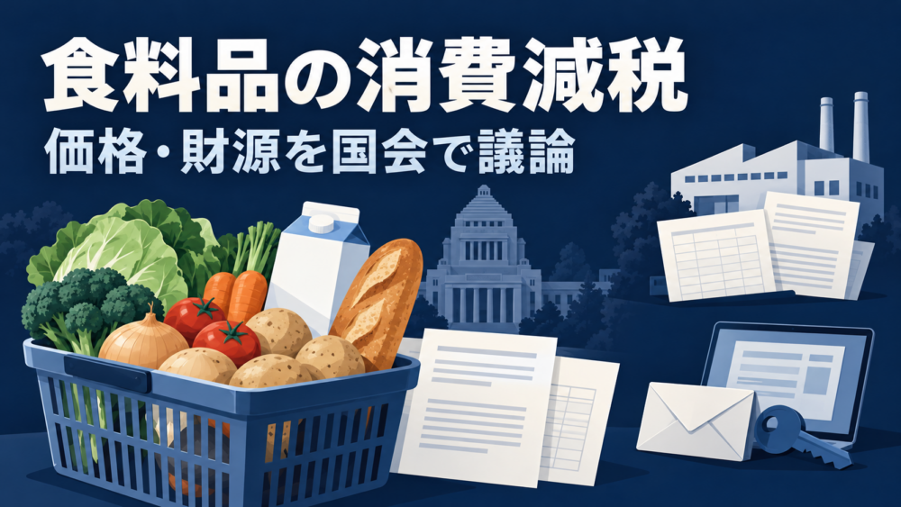 食品の買い物かごと税制資料を中心に、工場の統計資料と情報管理を表すパソコンを添えた説明用イラスト