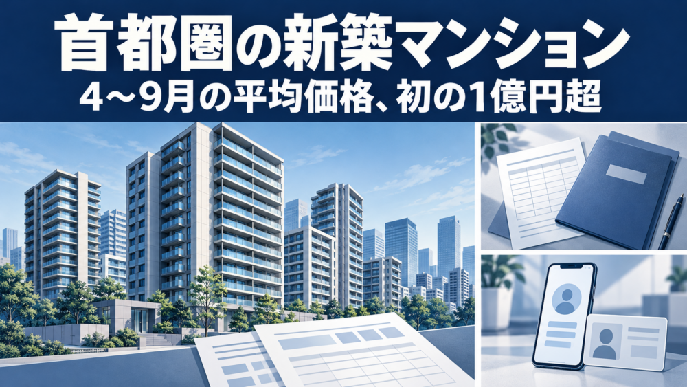 新築マンションと統計資料を中心に、勤務時間表とスマートフォンを独立して配した説明用イラスト
