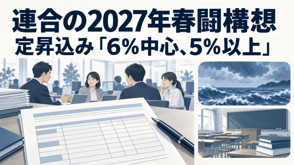 賃金資料を中心に、海と雨雲、教室と教科書を独立して配した、春闘構想・沖縄の防災情報・教員養成課程案の説明用イラスト