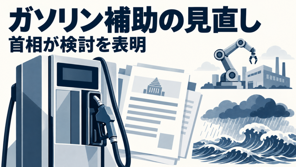 給油機と燃料政策の資料を中心に、産業用ロボットと工場、雨雲と高波を独立して配した説明用イラスト