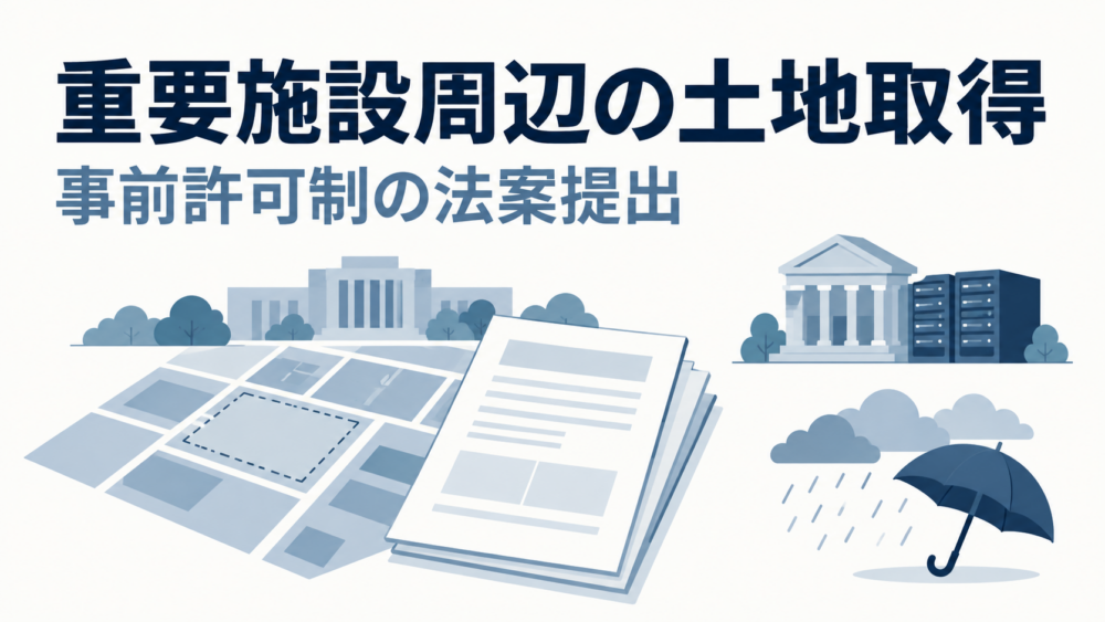 土地の区画図と審査書類を中心に、銀行とAIサーバー、雨雲と傘を独立して配した、土地取得法案・金融システム・大雨予報の説明用イラスト
