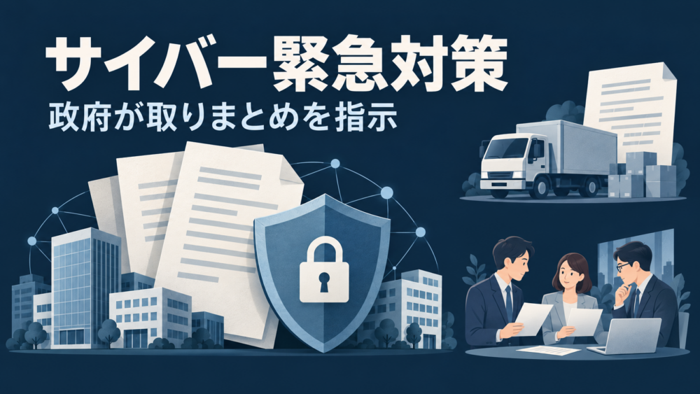 政策資料とネットワークを守る盾を中心に、物流・価格資料と職場の人々を独立して配した説明用イラスト