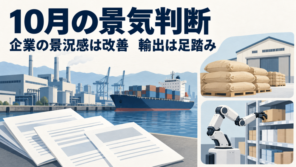 経済資料と工場・港を中心に、備蓄米の倉庫と作業用ロボットを独立して配した説明用イラスト