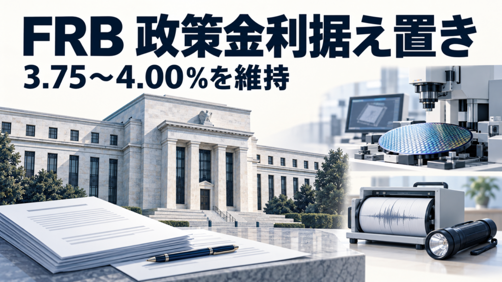 中央銀行と金融政策資料を中心に、半導体の検査装置、地震計と懐中電灯を独立して配した説明用イラスト