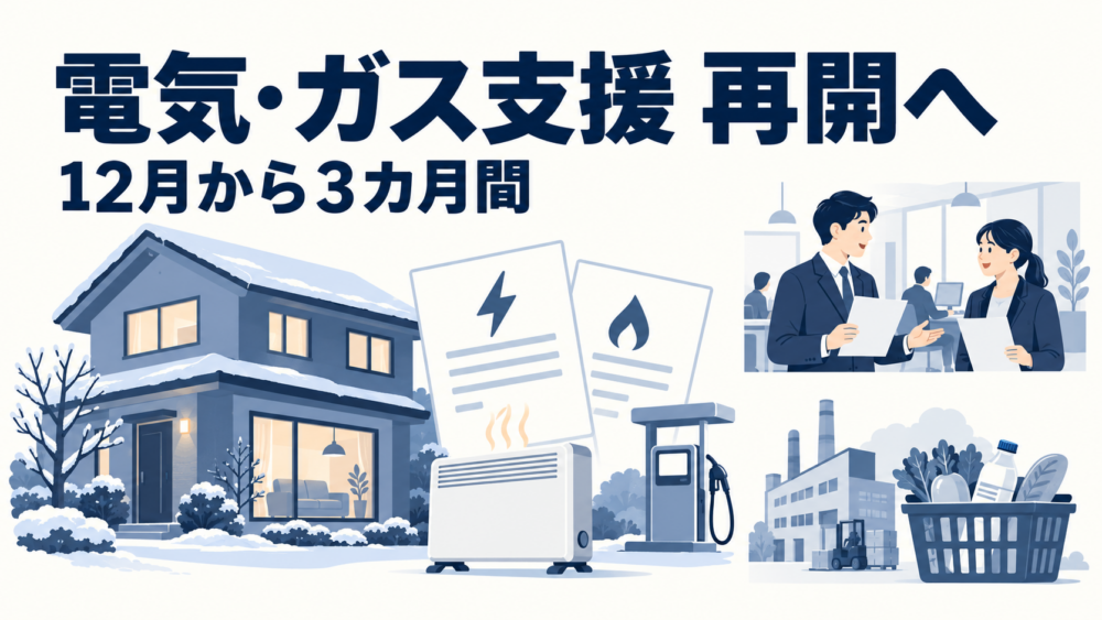 冬の電気・ガス支援を表す住宅と料金明細を中心に、給油機、職場、設備投資と消費のモチーフを独立して配置した説明用イラスト