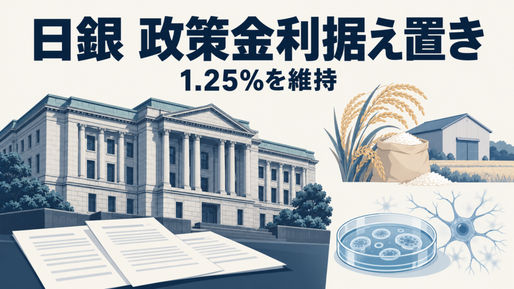 中央銀行と金融政策資料を中心に、稲穂・米袋・倉庫、培養皿と神経細胞のモチーフを独立して配した説明用イラスト