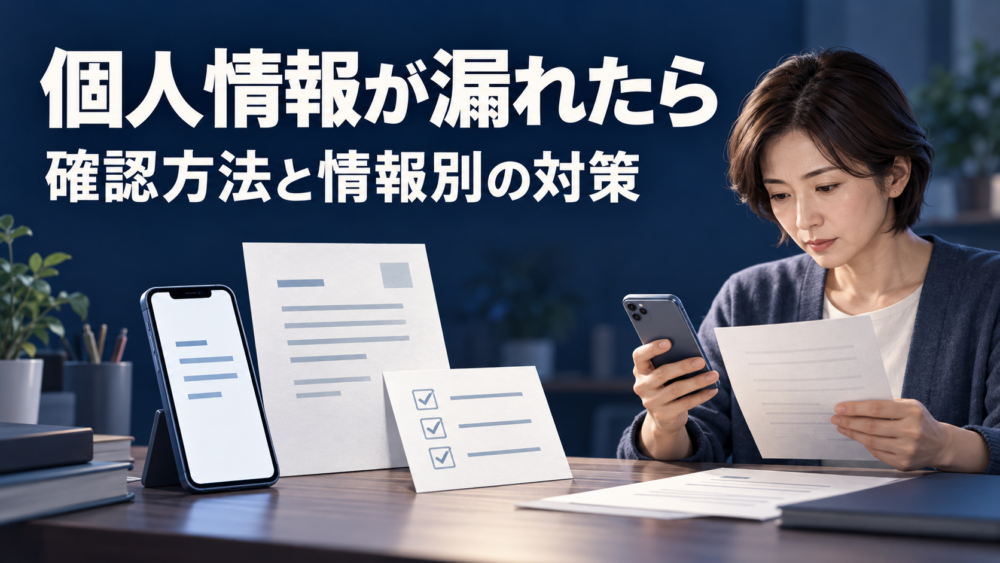 スマートフォンと公式のお知らせを見比べ、個人情報漏えいの対象と必要な対策を確認する人