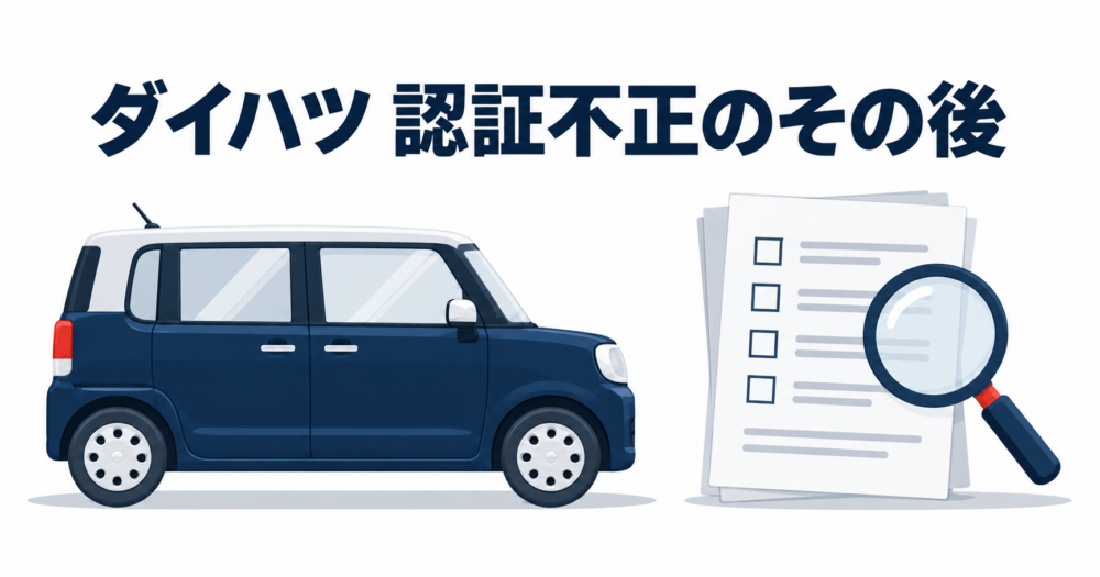 軽自動車と認証書類、記録を確認する虫眼鏡を配置したイラスト