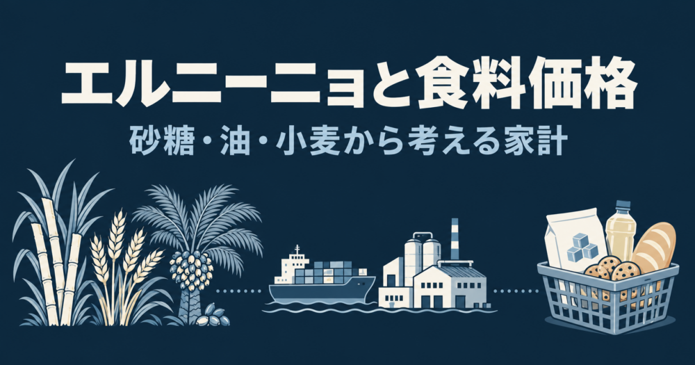 サトウキビや小麦、油ヤシから、輸送・加工を経て食品の買い物かごへつながるイラスト