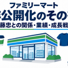 コンビニ店舗を中心に、食品や衣料品、スマートフォン、店内モニター、セルフレジを配置したイラスト