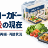 食品売場と専門店区画のある商業施設に、野菜や惣菜、買い物かごを配したイラスト