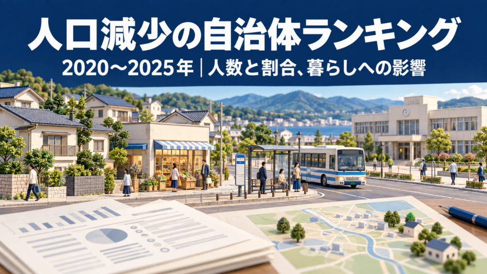 住宅や地域の店、バス停、公共施設と人口統計の資料を配置した、人口減少と暮らしを考えるイラスト