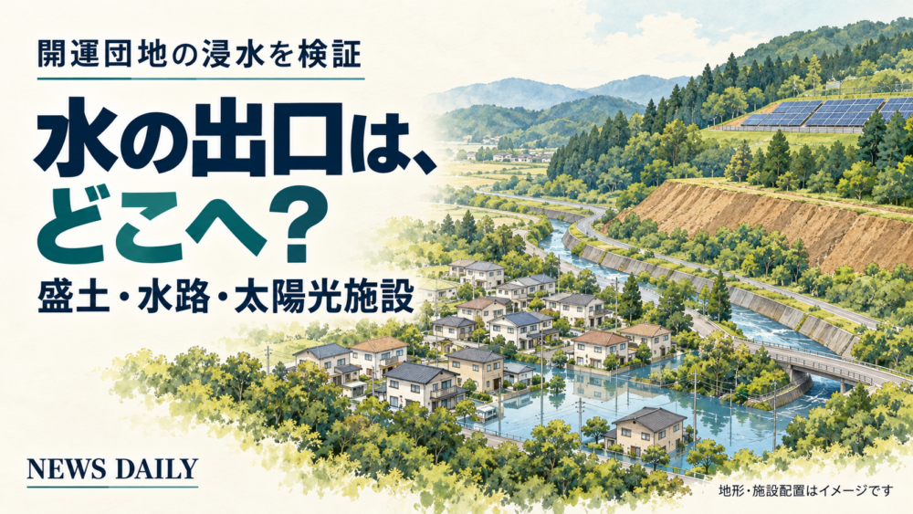 住宅地、水路、盛土、周辺の太陽光施設を描いた概念イラスト。水の出口は、どこへ?