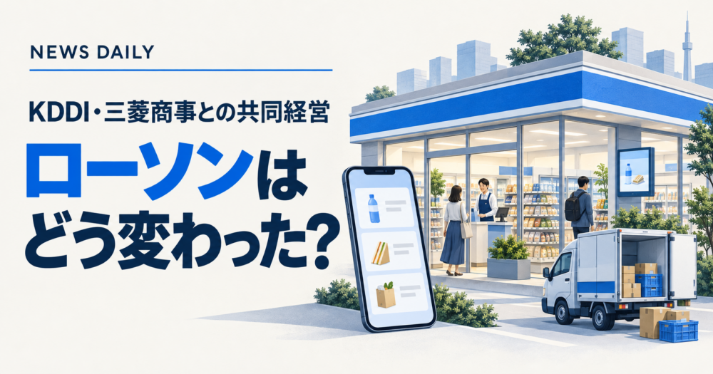 スタッフのいるコンビニとスマートフォン、商品棚、配送車を組み合わせ、店舗とデジタルの連携を表した説明用イラスト