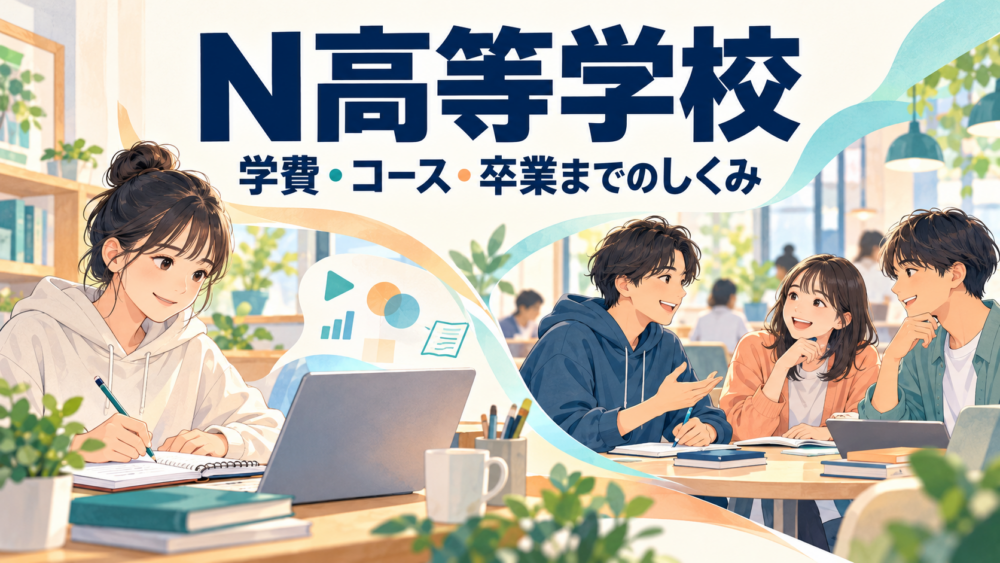 N高等学校の学び方をイメージした、自宅で学習する高校生と仲間と学ぶ高校生のイラスト。