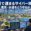 電力設備と水道設備、住宅街を背景に、監視画面を確認する運用担当者のイラスト