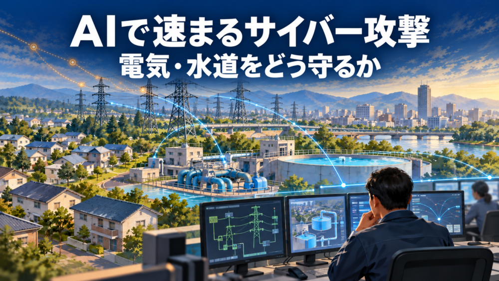 電力設備と水道設備、住宅街を背景に、監視画面を確認する運用担当者のイラスト