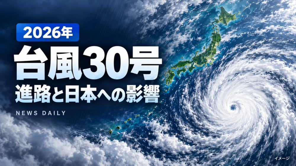 台風30号の進路と日本への影響を伝える、日本列島と台風のイメージイラスト。
