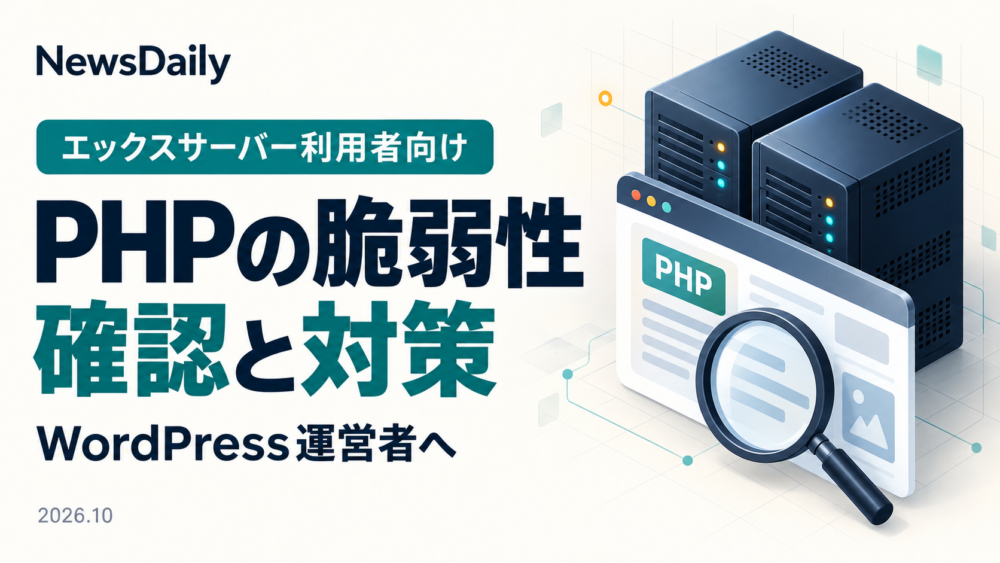 エックスサーバー利用者向け、WordPressのPHP脆弱性の確認と対策。サーバーとブラウザを点検するイラスト。