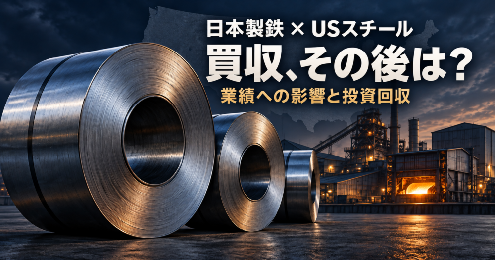 米国地図を背景に、鋼板コイルと製鉄設備を描いたイラスト