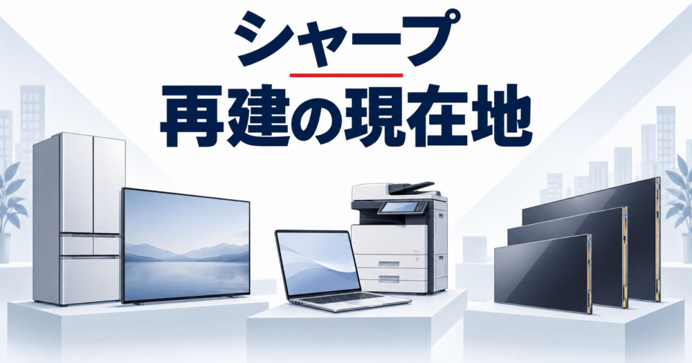 家電やテレビ、パソコンと複合機、ディスプレイを並べたシャープの事業構成の概念イラスト
